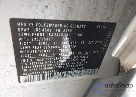 2014 Volkswagen Tiguan Se из США, поврежденный, VIN WVGAV3AX1EW623047